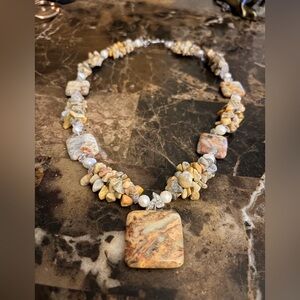 Natural Stone & Pearl Statement Necklace – Handmade Look